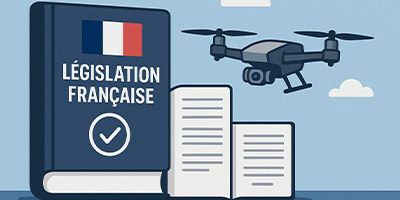 Illustration de la réglementation drone 2025 en France avec un manuel juridique et un drone – STUDIO M2X